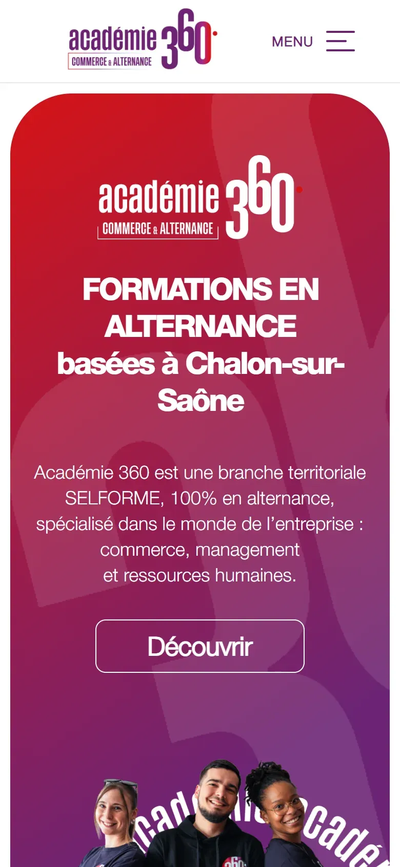 Page d’accueil du site Académie 360 sur téléphone