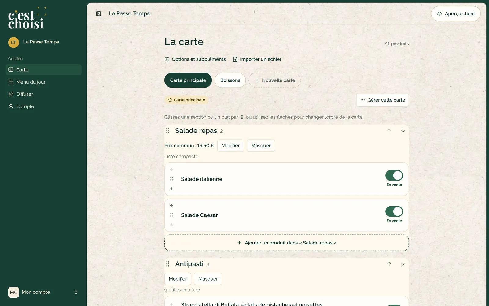 Écran Carte de l’espace restaurateur : onglets des cartes, sections, plats avec interrupteur En vente