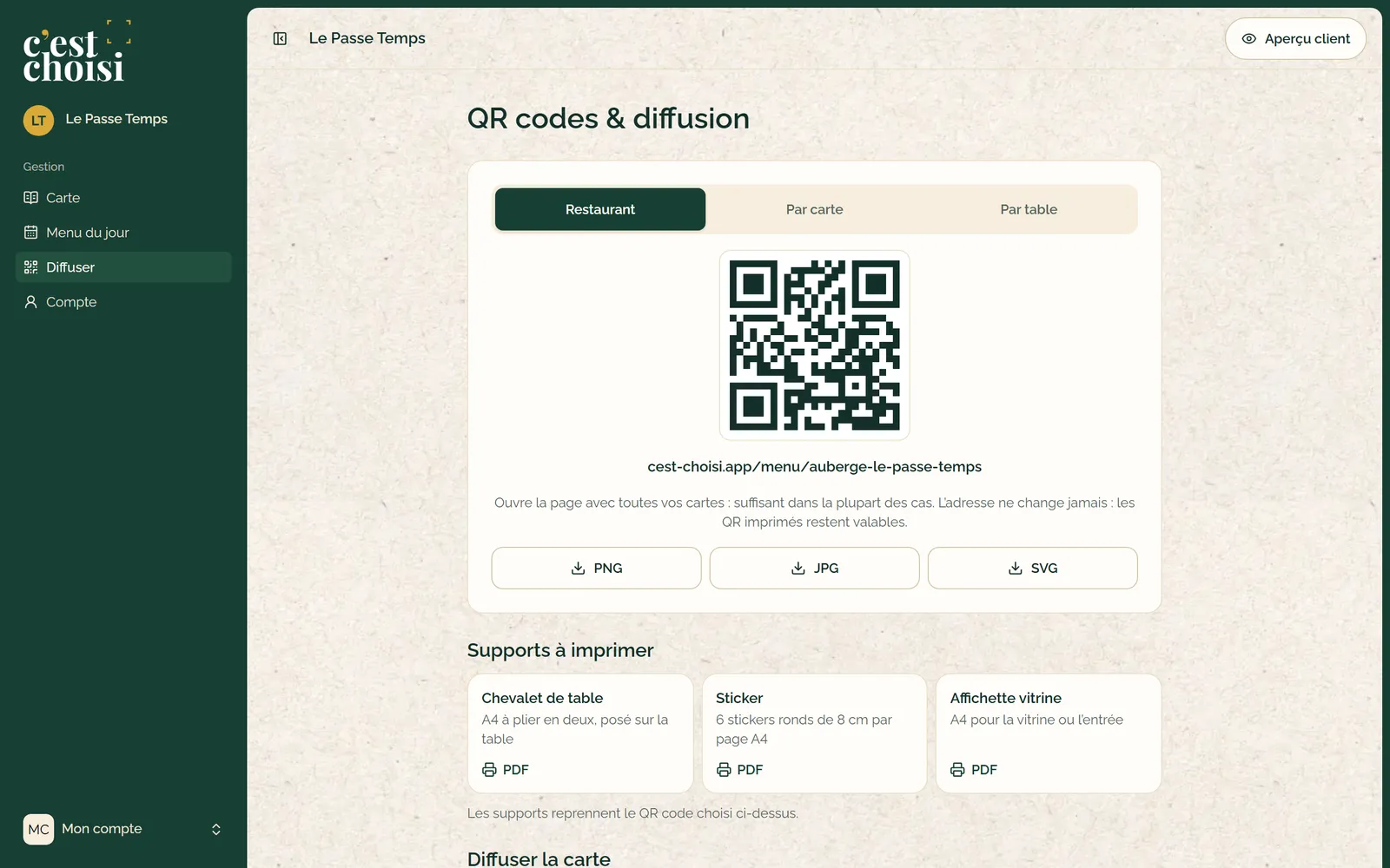 Écran QR codes et diffusion : QR code du restaurant, téléchargements PNG, JPG, SVG et supports à imprimer