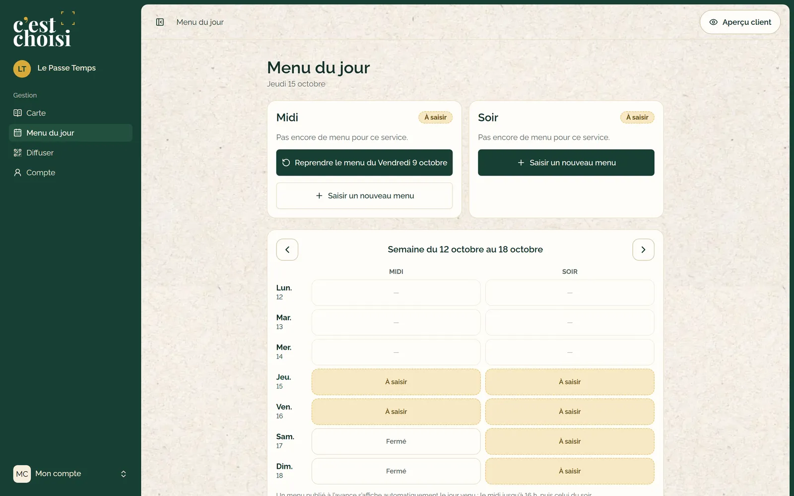 Écran Menu du jour : services Midi et Soir, reprise du menu précédent et planning de la semaine