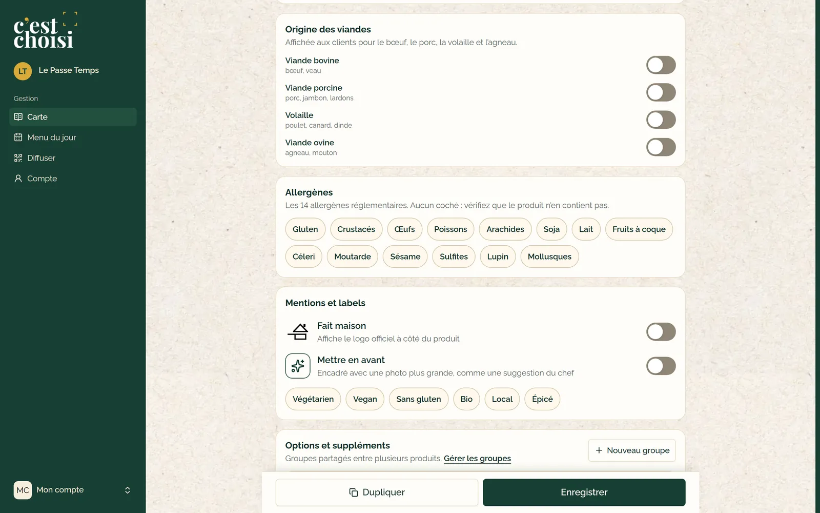 Fiche produit : origine des viandes, 14 allergènes, fait maison et labels