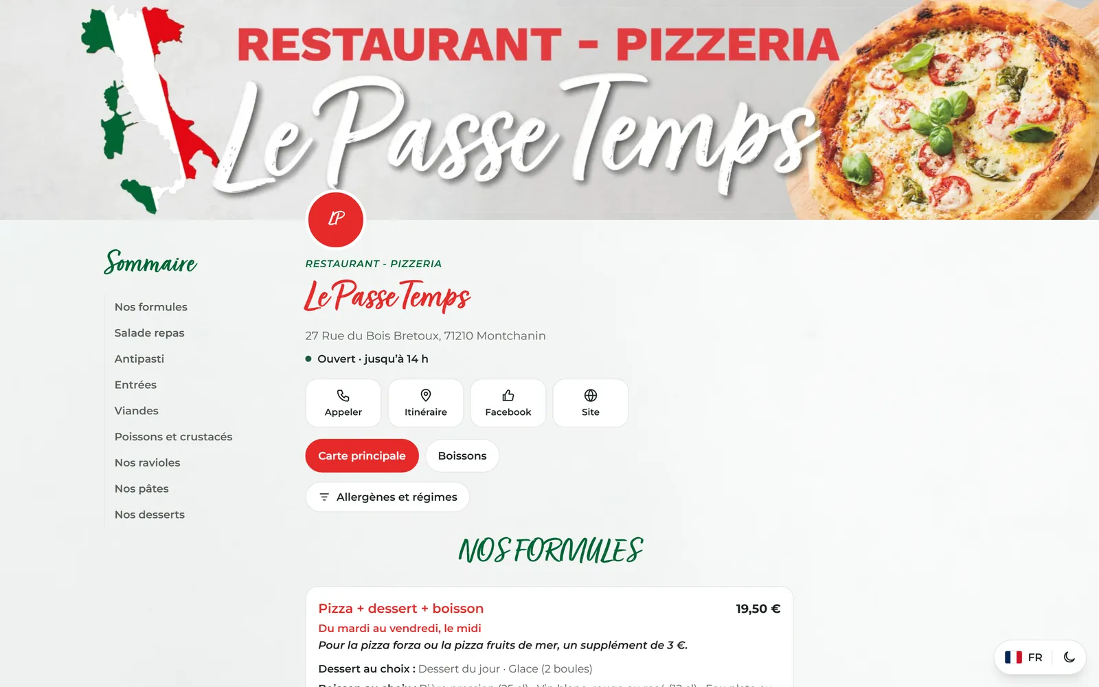 Page client sur ordinateur : bandeau du restaurant, informations pratiques et cartes