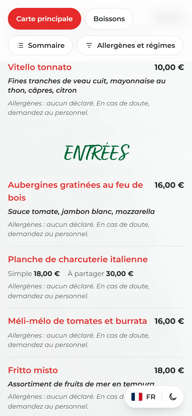 Liste des plats avec prix et allergènes