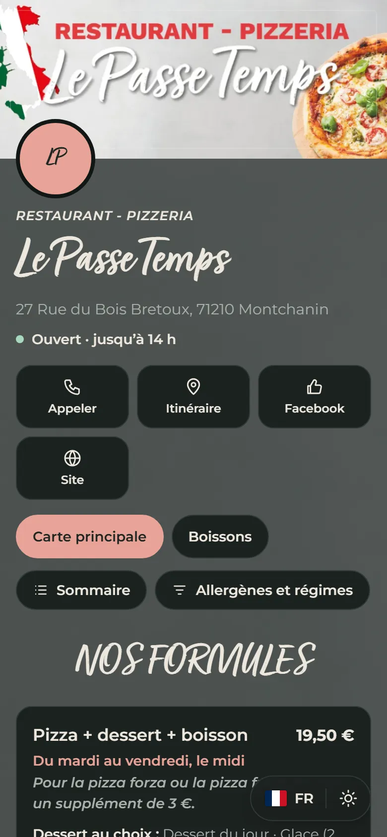 Page client en mode sombre