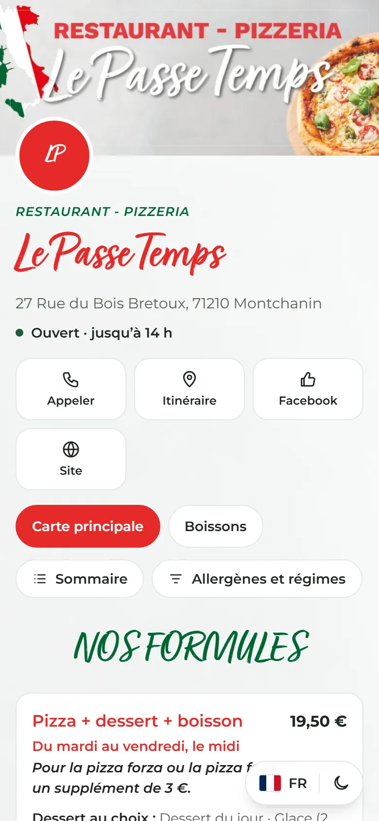 Page client «&nbsp;c’est choisi&nbsp;» sur téléphone : nom du restaurant, horaires, boutons Appeler et Itinéraire, onglets des cartes et formules