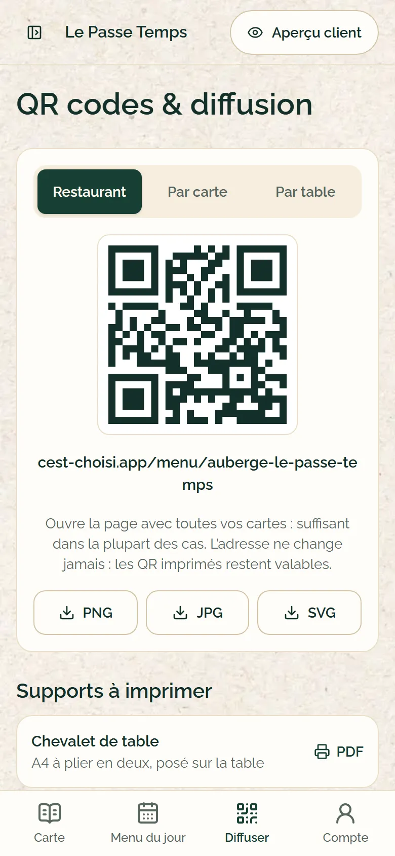Écran QR codes et diffusion sur téléphone