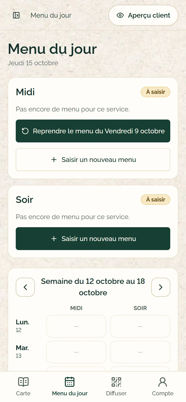 Écran Menu du jour sur téléphone